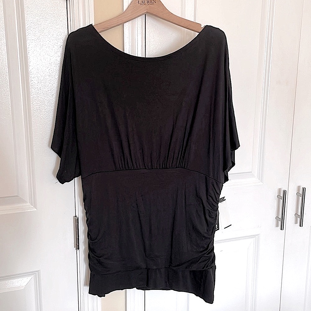 Ing Nwt Black Boat Neck Dolman Sleeve Top With Fitted, Ruched Waist; 1x Plus